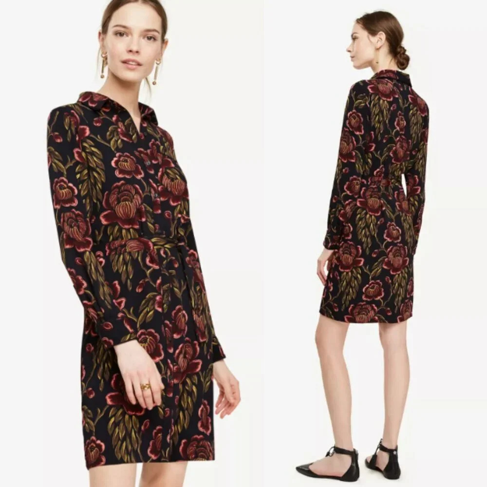 Ann Taylor Floral Tie Waist Shirt Dress - 29509